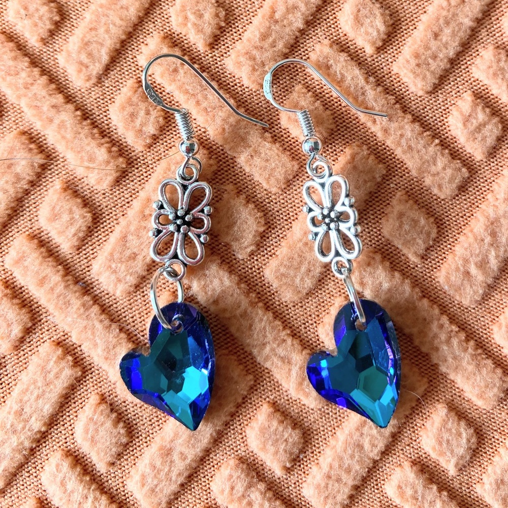 Blue crystal beaded heart earrings